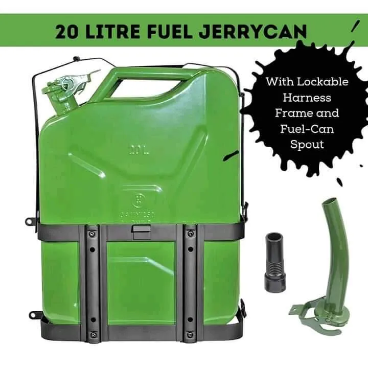 20-Litre Heavy-Duty Metallic Fuel Jerrycan Combo with Lockable Harness Holder Frame and Spout