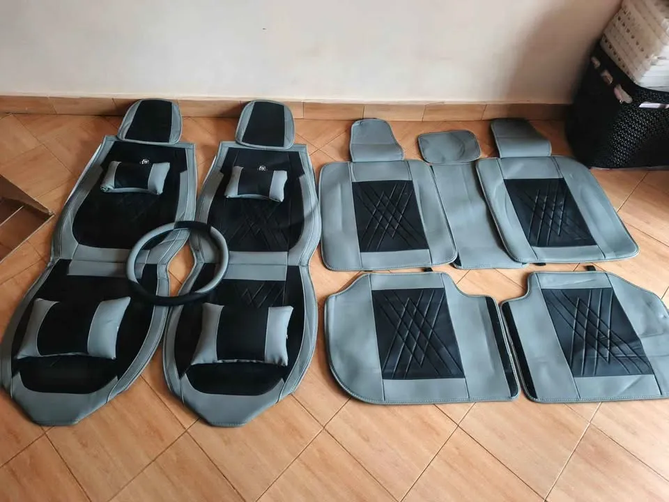 Universal Luxury 5-Seater Grey & Black Leather Car Seat Cover Full Set with Cushions & Steering Wrap