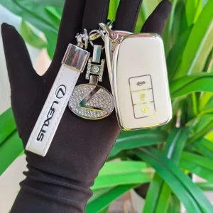 Executive Lexus Brand White Leather Keyring with Rhinestone Logo Double Pack
