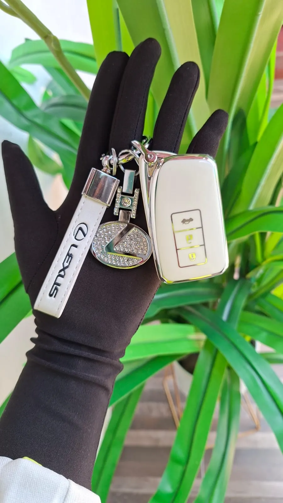 Executive Lexus Brand White Leather Keyring with Rhinestone Logo Double Pack