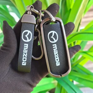 Premium Mazda Leather Car Keychain and Key Fob Holder Set