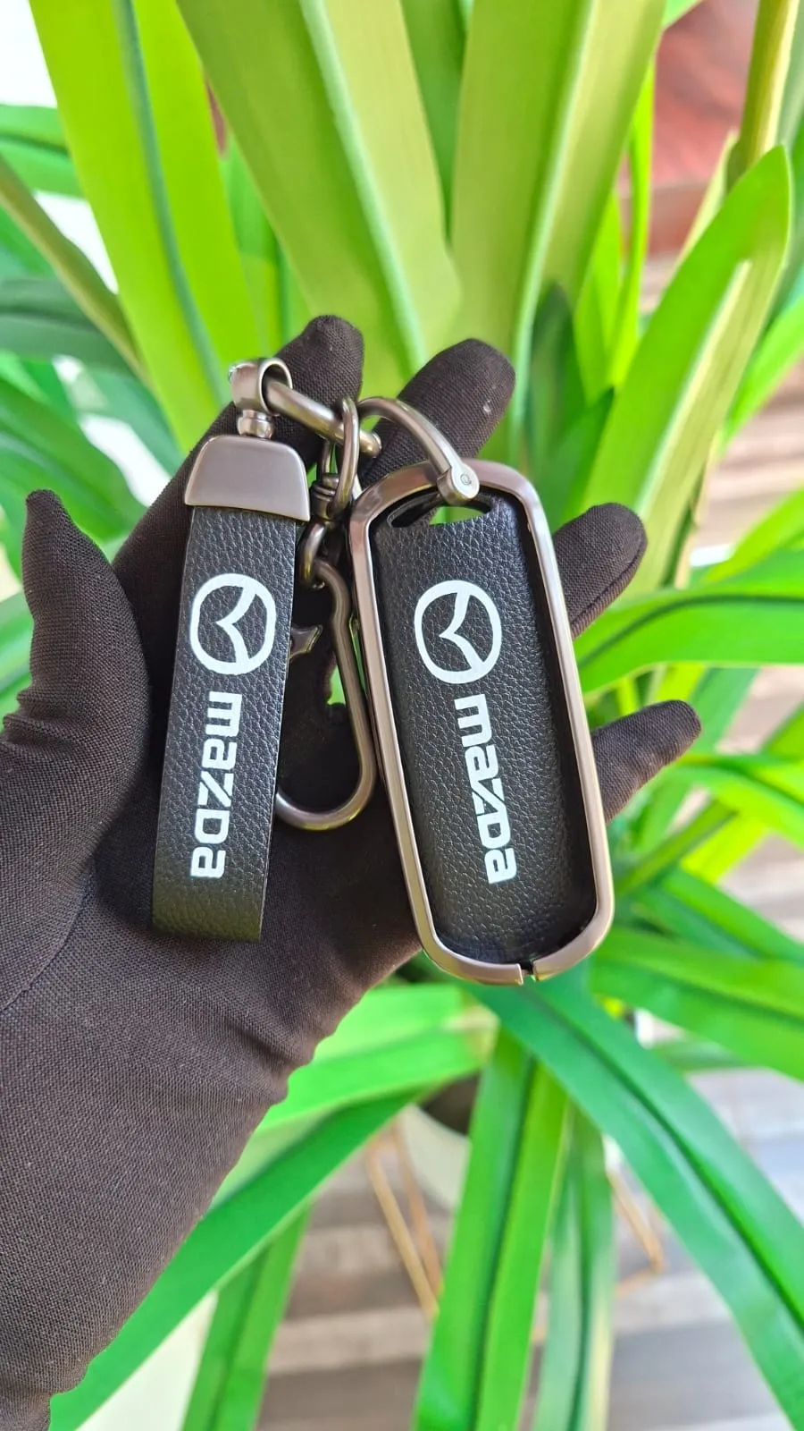 Premium Mazda Leather Car Keychain and Key Fob Holder Set