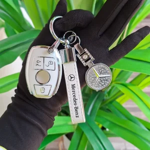 Executive Mercedes-Benz Brand White Leather Keyring with Rhinestone Logo Double Pack