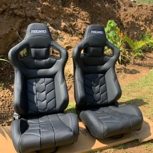 Recaro Style Matte Black Leather Premium Sports Bucket Seats (2-Piece Pair Set)