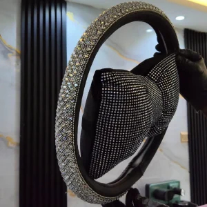 Premium Rhinestone Bling Steering Wheel Cover and Headrest Bow Pillow Set