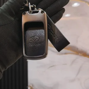 Premium Toyota Chrome Leather Car Keychain and Key Fob Holder Set