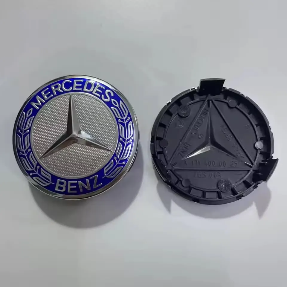 Universal Mercedes-Benz Alloy Wheel Center Hub Caps (Complete 4Pcs Set — Royal Blue Laurel Wreath Edition)